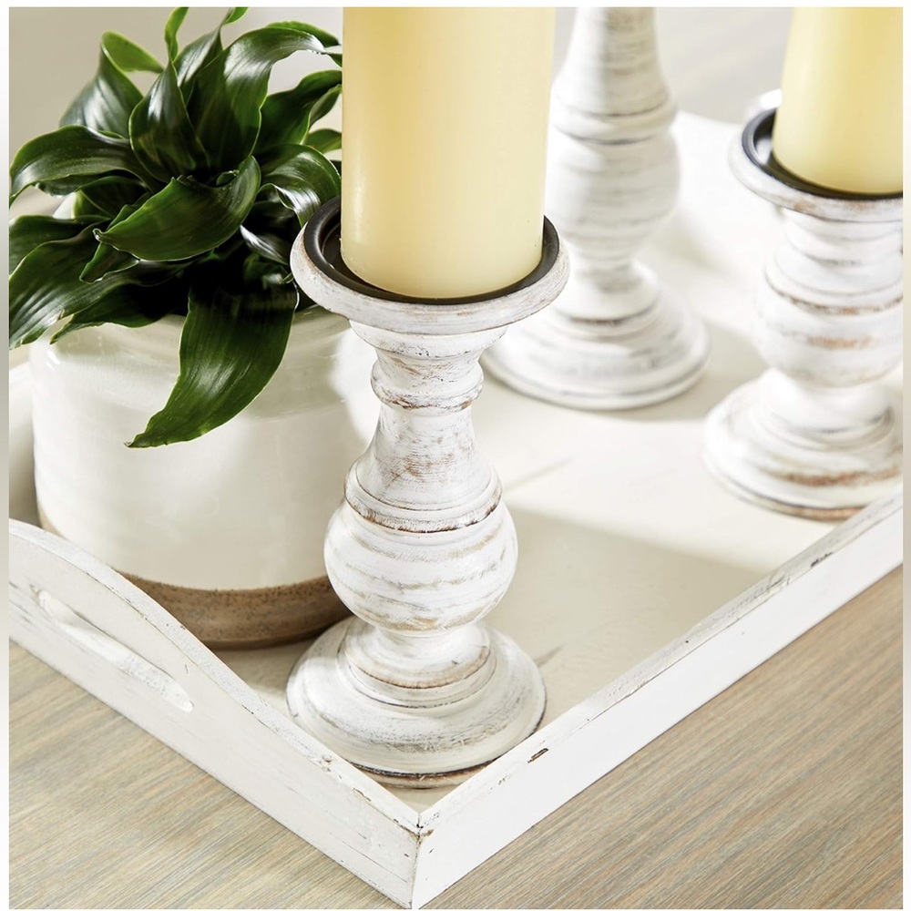 NIB set of three mango wood rustic white pillar candle holders by Deco 79 - Picture 3 of 8